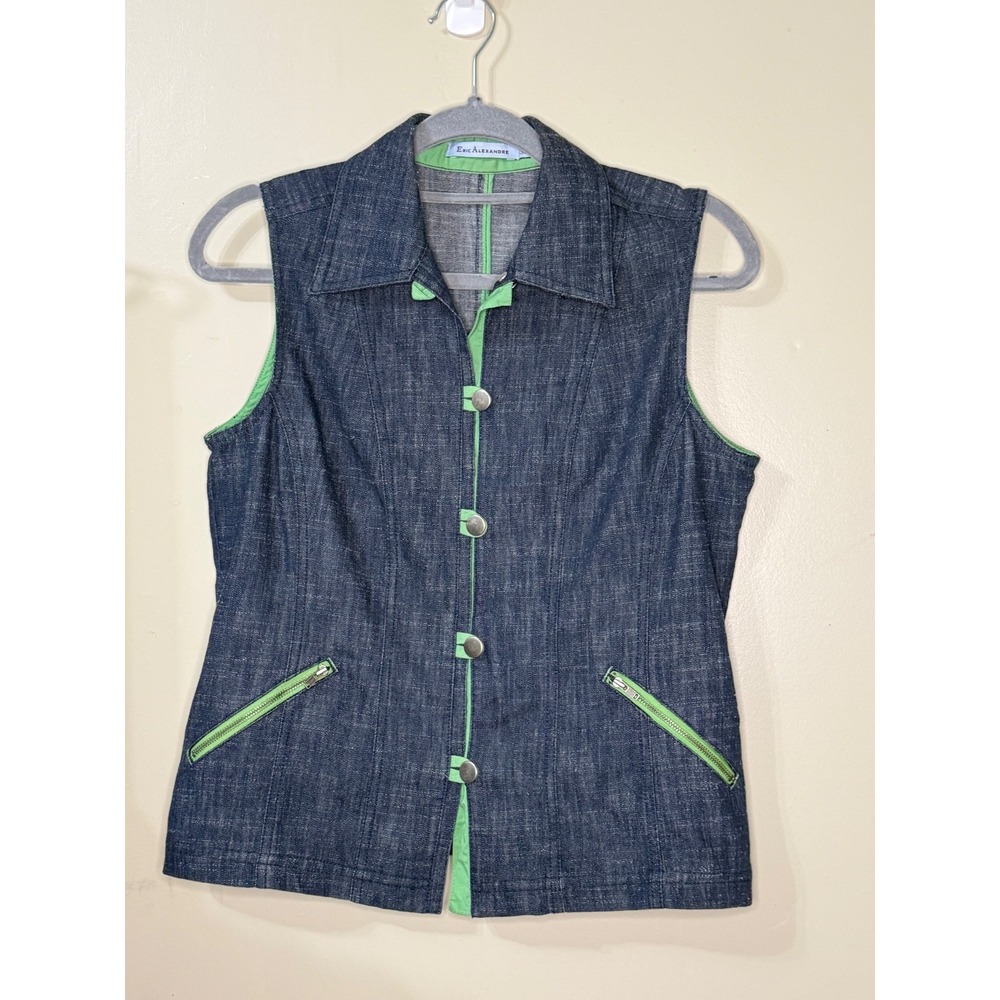 Eric Alexandre Y2K Denim Vest Dark Wash Blue Lime Green Trim Jacket Small